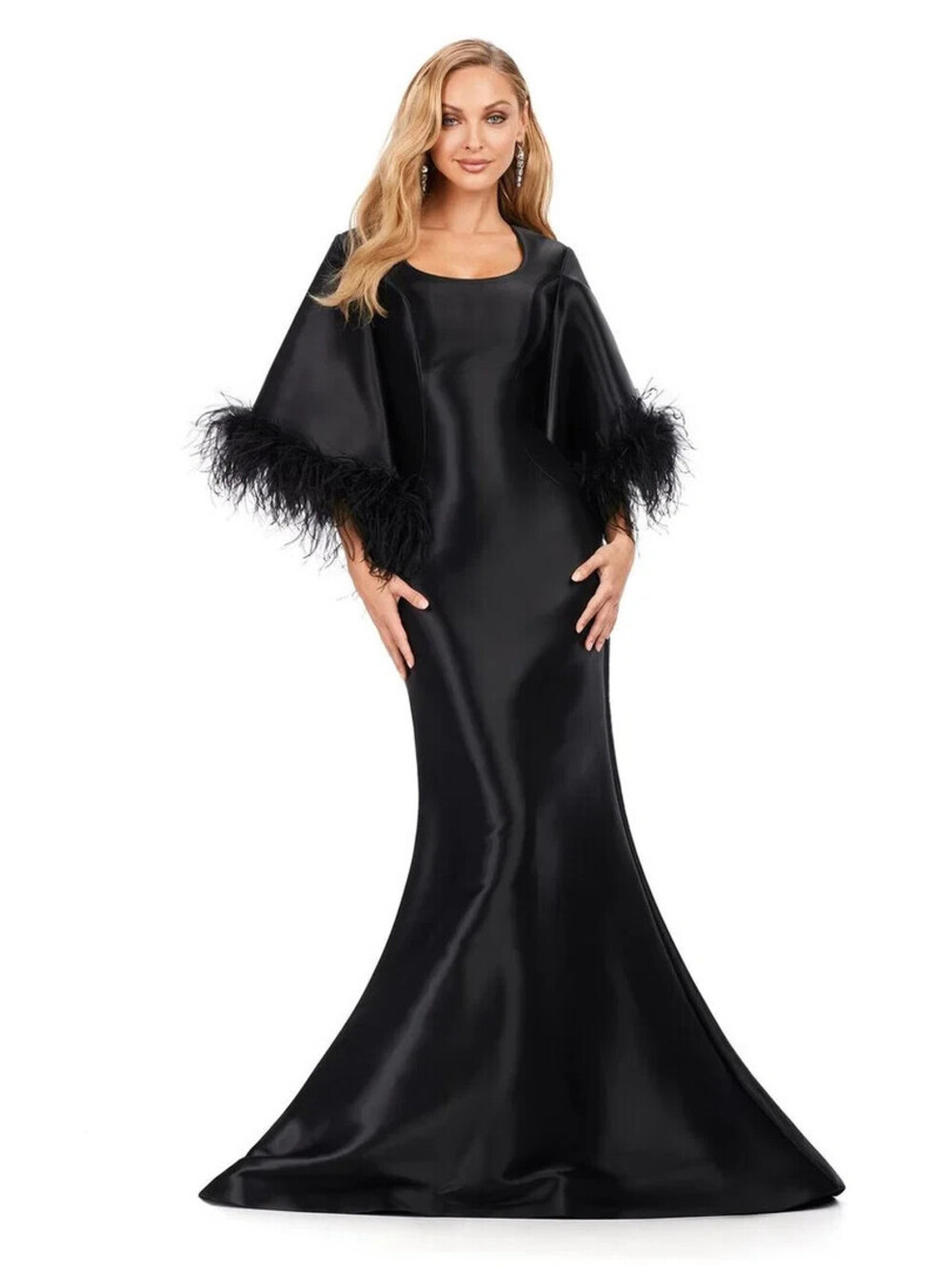 ASHLEYlauren Gown 11381 Black Long Sleeves Mermaid Modest sz 4 Feather Satin